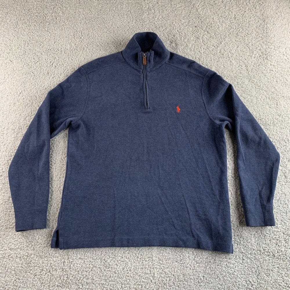 Ralph Lauren Polo Sweater Mens Medium Blue‎ 1/4 Zip Mock Pullover Golf Casual